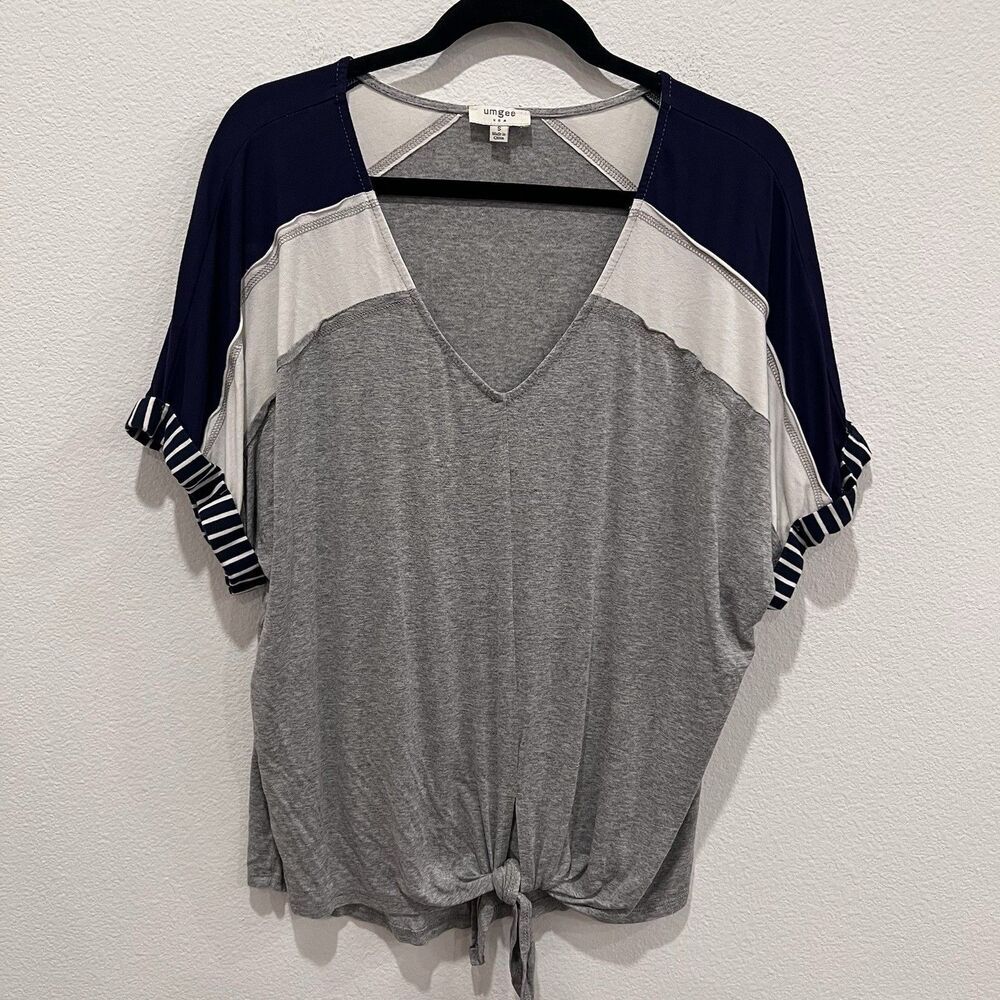 Umgee Mixed Media Cap Short Sleeve Blouse Top Small Casual Travel Neutral